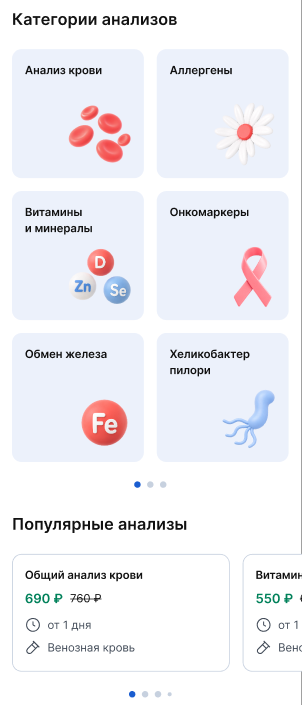 Категории анализов с популярными