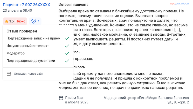 Подтвержденный негативный отзыв